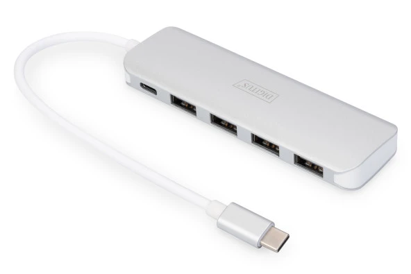 Digitus 4 Port USB 3.0 Hub, 4 x USB 3.0 USB-A Dişi Konnektör (USB çevre ürünü), 1 x USB Tip C PD (Power Delivery) port, 1 x USB Tip C erkek port (bilgisayar bağlantısı için), alüminyum, Mac ve Windows destekler