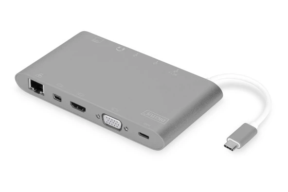 Digitus USB Tip C Docking Station (Universal Docking Station, USB Type-C™)<br>3 x USB 3.0 port<br>1 x USB-C port (notebook bağlamak için)<br>1 x USB-C port (elektrik beslemesi için)<br>1 x HDMI port<br>1 x Mini DisplayPort (m