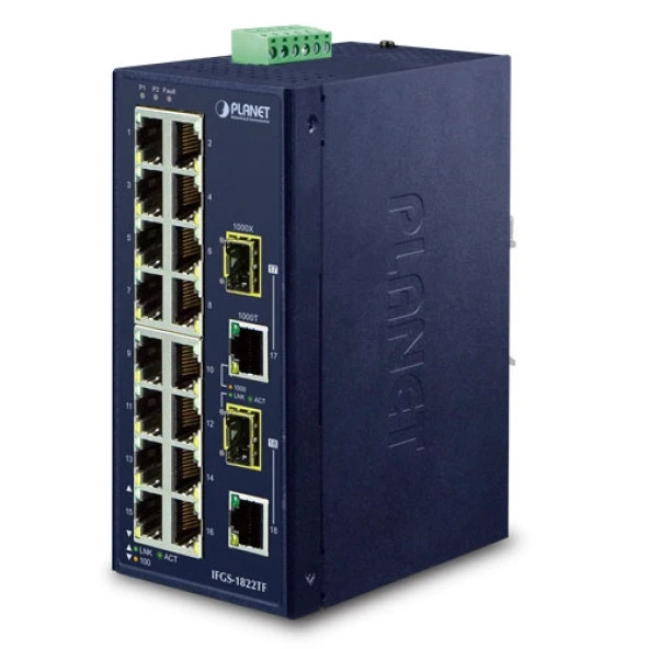 Endüstriyel Tip Yönetilemeyen Ethernet Switch (Industrial Unmanaged Ethernet Switch<br>16-Port 10/100TX<br>2-Port Gigabit TP/SFP Combo<br>-40~75 derece