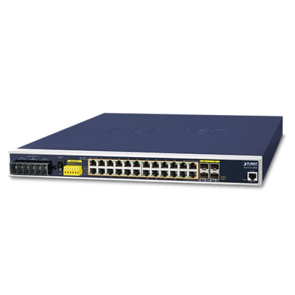 Endüstriyel Tip Yönetilebilir Ethernet Switch (Industrial Managed Ethernet Switch)<br>L3<br>24-Port 10/100/1000T 802.3at/af PoE+ (Port başına 36 watt) (PoE Güç Bütçesi maks. 440 watt)<br>4-Port Paylaşımlı 100/1000X SFP yuva (Port-21 ile