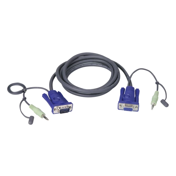 VGA Kablosu, 1 x HDB-15 erkek (VGA Monitör), 1 x Mini Stereo Fiş (Hoparlör) <=> 1 x HDB-15 dişi (KVM port), 1 x Mini Stereo Fiş (Hoparlör), 1.8 metre<br>VGA Cable with Audio, 1.8M