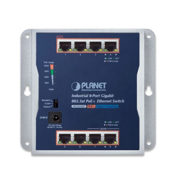 Endüstriyel Duvar Tip Yönetilemeyen PoE+ Switch (Industrial 8-Port 10/100/1000T 802.3at PoE+ Wall-mounted Gigabit Ethernet Switch)<br>8-Port 10/100/1000Base-T IEEE 802.3at/af PoE+ Injector (Port başına 30.8 watt) (PoE Güç Bütçesi maks. 120 Watt)