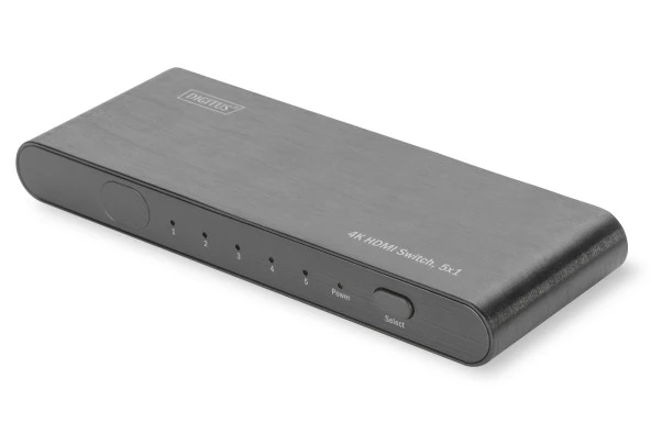 Digitus 5 Port Ultra HD 4K HDMI Switch, 4K2K, 3D görüntü formatlarını destekler, 5 Giriş (HDMI Arayüzlü Kaynak Cihaz), 1 Çıkış (HDMI Arayüzlü Görüntü Aygıtı), uzaktan kumanda ünitesi ürünle birlikte gelmektedir, alüminyum<br>Digitus 4K HDMI Switch,