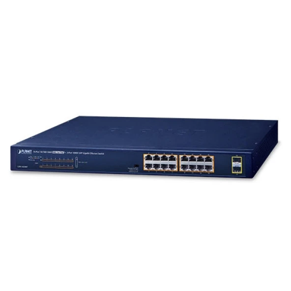 Yönetilemeyen Masaüstü Tip Switch (Unmanaged Desktop Switch)<br>16-Port 10/100/1000T IEEE 802.3at/af PoE+ Injector (Port başına 30.8 watt) (PoE Güç Bütçesi maks. 240 watt)<br>2-Port 1000X SFP