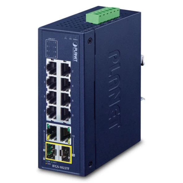 Endüstriyel Tip Yönetilemeyen Ethernet Switch (Industrial Unmanaged Ethernet Switch)<br>8 x 10/100BASE-TX port (Port 1-8)<br>2 x 10/100/1000BASE-T port (Port 9-10)<br>2 x 1000BASE-SX/LX/BX SFP yuvası (Port 9-10 ile paylaşımlı)<br>I