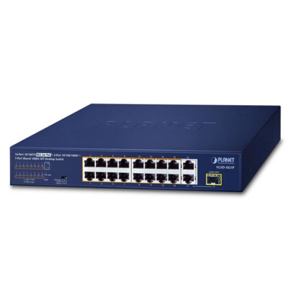 Yönetilemeyen Switch (Unmanaged Switch)16 x 10/100TX IEEE 802.3at/af PoE+ Injector (Port-1 ile Port-16 arası) (Port başına 30.8 watt) (PoE Güç Bütçesi maks. 185 Watt)2 x 10/100/1000T (Port-17 ve Port-18)1 x 1000BASE-SX/LX/BX SFP arayüz (Port-17 ile paylaş