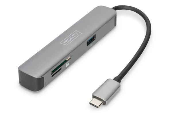 Digitus USB Tip C Docking Station, 5 Port  (USB-C™ Dock, 5 Port)<br>1 x HDMI port (UHD çözünürlük, 4K/30 Hz) <br>1 x USB-C™ port (notebook bağlamak için)<br>2 x USB 3.0 port<br>2 x Kart okuyucu (SD/MicroSD)<br>Alüminyum<br