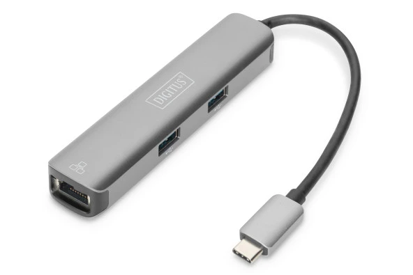 Digitus USB Tip C Docking Station, 5 Port  (USB-C™ Dock, 5 Port)<br>1 x HDMI port (UHD çözünürlük, 4K/30 Hz) <br>1 x USB-C™ port (notebook bağlamak için)<br>3 x USB 3.0 port<br>1 x 10/100/1000 port<br>Alüminyum<br>Gümüş
