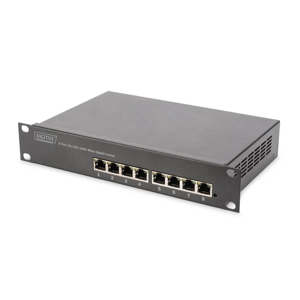 Digitus Yönetilemeyen 8 port 1000Base-T Gigabit Switch, Masaüstü Tip, 10-Inch Duvar Kabinetleri için uygun<br>Digitus 8-port Gigabit Ethernet Unmanaged Switch for use in 10-Inch Wall Cabinets