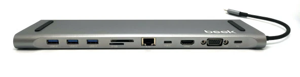 Beek USB Tip C Docking Station, 11 Port<br>Beek 11 in 1 USB Tip C Docking Station, PD3.0 charging, HDMI 4K/30hz, VGA 1080P, RJ45 1Gbps, 3xUSB 3.0, USB C data transfer, 3.5mm audio output, SD/TF card reader, space gray