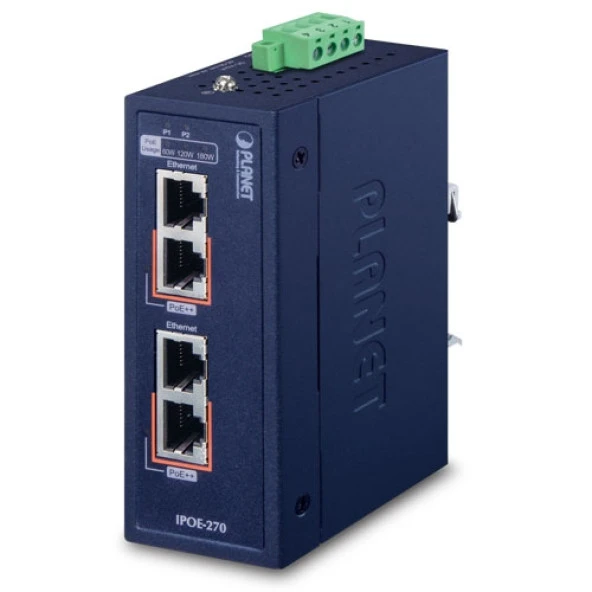 Endüstriyel Injector Hub (Industrial 2-port Multi-Gigabit 802.3bt PoE++ Injector Hub)<br>2 x 10/100/1G/2.5G/5GBase-T (Data giriş port 1 ve PoE çıkış port 1, Data giriş port 2 ve PoE çıkış port 2)<br>DC Yedek Güç Girişi: 48~56V DC<br>IEEE