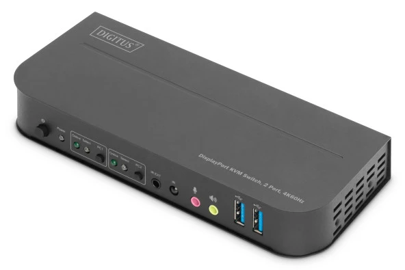 Digitus 2 Port USB 3.0 DisplayPort KVM Switch, 4K60Hz, KVM (Keyboard/Video Monitor/Mouse) Periferi (Çevre Cihazlarla (USB) Bağlantı Kurabilir) Switch, KVM bağlantı kablosu ürün beraberinde gelmektedir<br>Digitus 2 Port USB 3.0 DisplayPort KVM Switch