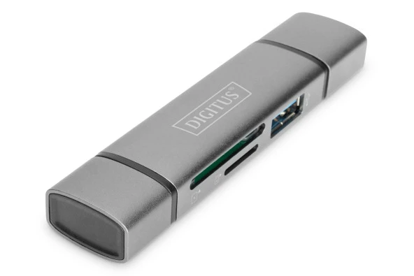 Digitus Çift Kart Okuyucu Hub, USB-C™ / USB 3.0, OTG ( Combo Kart Okuyucu Hub (USB-C + USB 3.0),  1 x SD, 1 x MicroSD, 1 x USB 3.0, gri renk)<br>Digitus Dual Card Reader Hub USB-C™ / USB 3.0, OTG ( Combo Card Reader Hub (USB-C+USB 3.0) 1x SD, 1x Mic