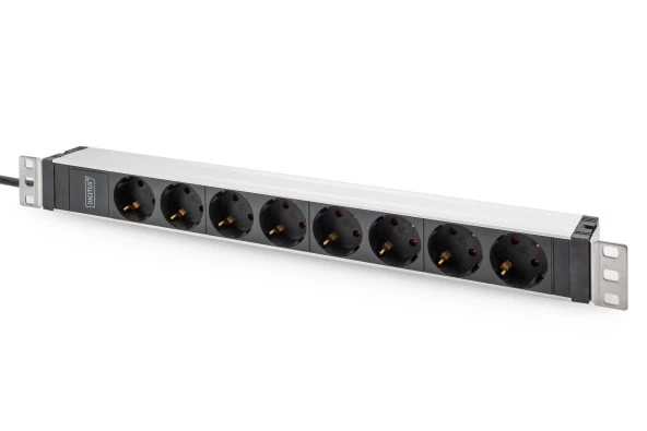 Digitus 1U Aluminyum PDU, 19" Rack Kabine Monte Edilebilir, 8 x priz çıkışlı, 2 metre güç kablolu, C320 priz yuvası, voltaj değeri 250 VAC 50 / 60 Hz, akım 16A, maksimum güç 4000 W<br>Digitus 1U Aluminium PDU, 19" Rackmountable, 8 x safety