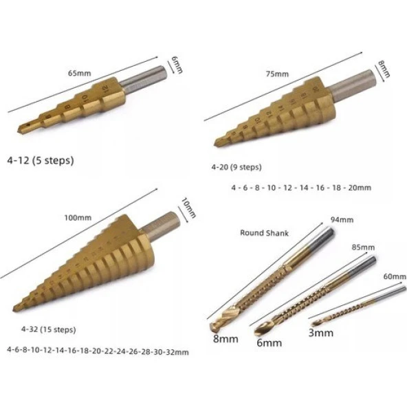 6 Parça Kademeli Matkap Ucu Saç Delme Seti Özel Kutulu Ahşap Oyma Metal Delme Ucları - 2