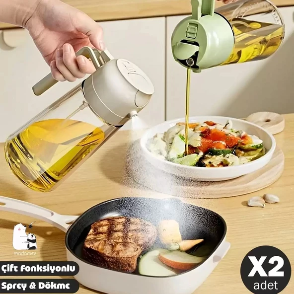 Madamev 2'li Çift Fonksiyonlu Cam Yağdanlık 450ml Zeytinyağı Sıvıyağ Şişesi Airfryer Sprey Yağlık Sirkelik - 3