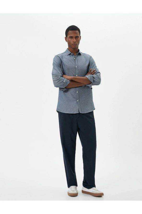 Yarım İtalyan Yaka Gömlek Slim Fit Uzun Kollu Düğmeli - Resim 2