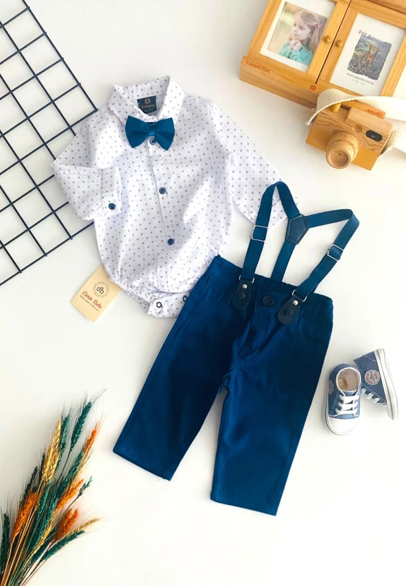 Neşeli Bebekler Papyonlu Pantolon Askılı Alttan Çıtçıtlı Desenli Gömlekli Takım Mavi