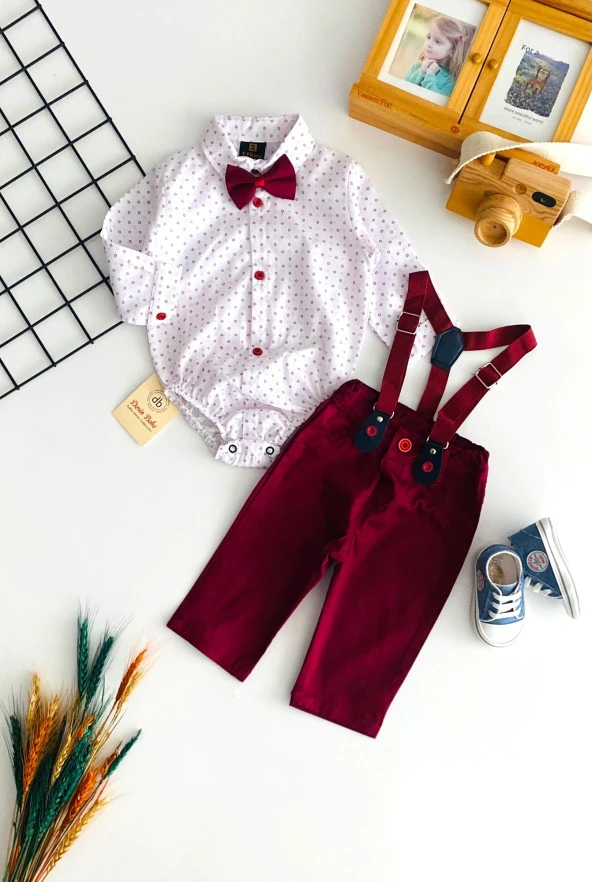 Neşeli Bebekler Papyonlu Pantolon Askılı Alttan Çıtçıtlı Desenli Gömlekli Takım Bordo