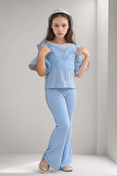 Kız Çocuk Kolları ve Yakası Transparan Tül Şerit Detaylı Üzeri Simli Mavi Alt Üst Takım ürün görseli