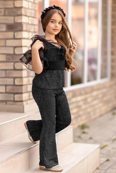 Kız Çocuk Kolları ve Yakası Transparan Tül Şerit Detaylı Üzeri Simli Siyah Alt Üst Takım - Resim 2