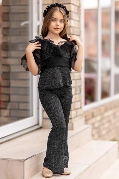 Kız Çocuk Kolları ve Yakası Transparan Tül Şerit Detaylı Üzeri Simli Siyah Alt Üst Takım ürün görseli