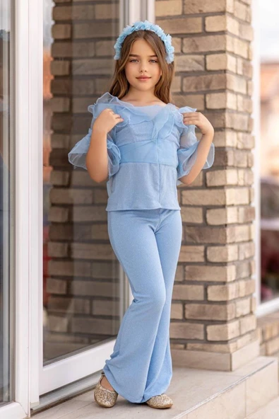 Kız Çocuk Kolları ve Yakası Transparan Tül Şerit Detaylı Üzeri Simli Mavi Alt Üst Takım - Resim 8