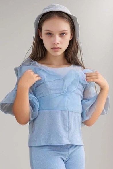 Kız Çocuk Kolları ve Yakası Transparan Tül Şerit Detaylı Üzeri Simli Mavi Alt Üst Takım - Resim 3