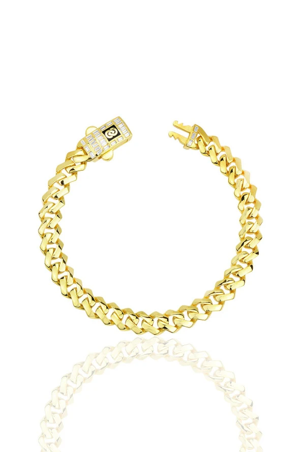 Gümüş altın yaldızlı baget kesim zirkon taşlı özel kilit milano gurmet zincir bileklik SGTL12404GOLD - 1
