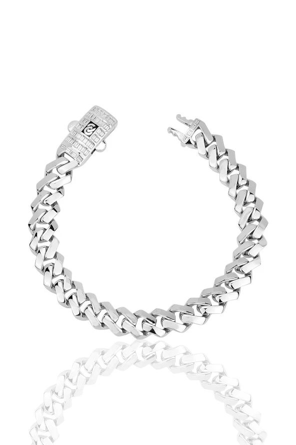 Gümüş rodyumlu çift sıra baget kesim zirkon taşlı özel kilit milano gurmet zincir bileklik SGTL12405RODAJ ürün görseli