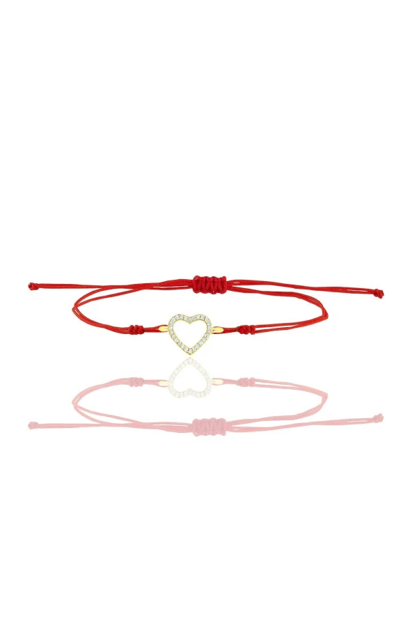 Gümüş altın yaldızlı zirkon taşlı kırmızı ipli kalp bileklik SGTL12411GOLD ürün görseli