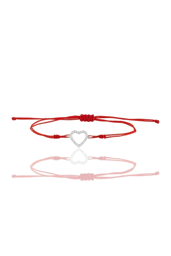 Gümüş rodyumlu zirkon taşlı kırmızı ipli kalp bileklik SGTL12411RODAJ ürün görseli