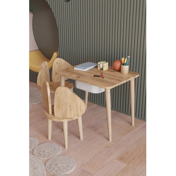 Yüceer Home Montessori Çekmeceli Aktivite Masası ve 2 Sandalye Çalışma Seti Atlantik Çam