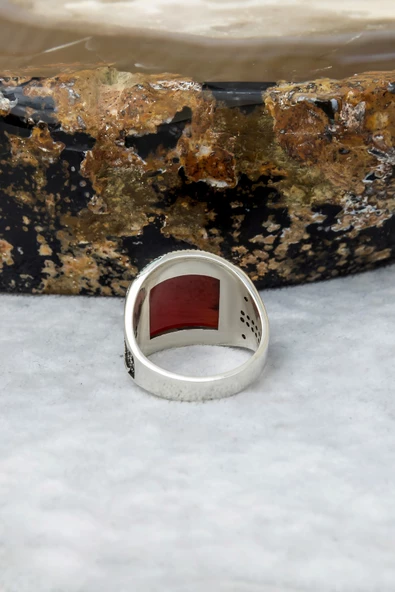 Karpuz Kesim Kırmızı Taşlı 925 Gümüş Erkek Yüzük - Resim 3