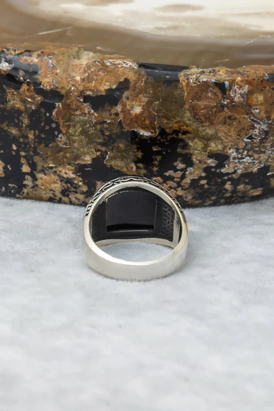 Karpuz Kesim Siyah Taşlı 925 Gümüş Erkek Yüzük - Resim 3