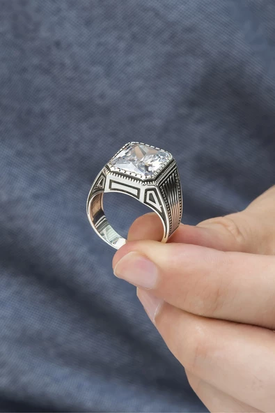 Kare Zirkon Beyaz Taşlı 925 Gümüş Erkek Yüzük - Resim 10