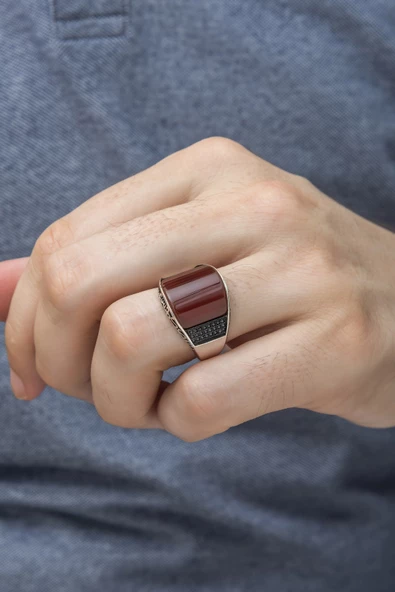 Karpuz Kesim Kırmızı Taşlı 925 Gümüş Erkek Yüzük - Resim 5