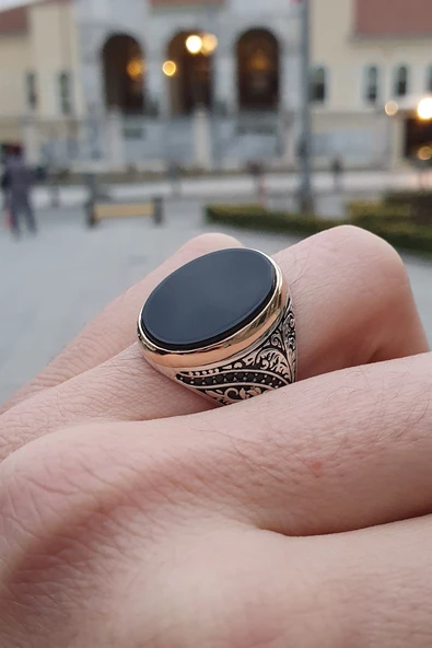 Siyah Oniks Taşlı 925 Gümüş Erkek Yüzük - Resim 7