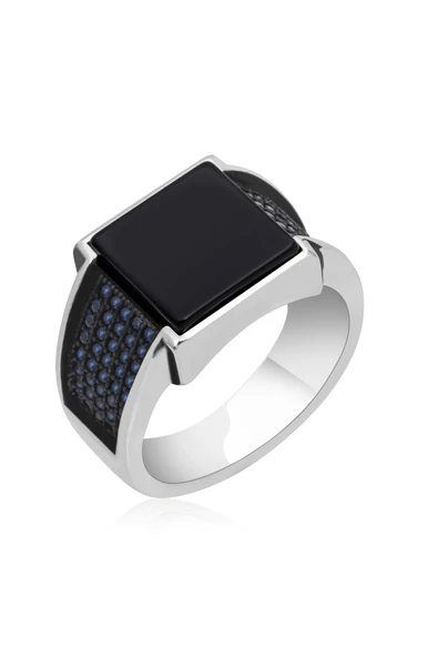Kare Oniks Siyah Taşlı 925 Gümüş Erkek Yüzük - Resim 4
