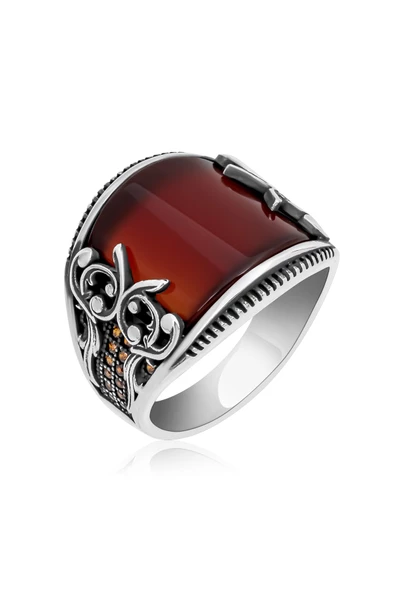 Karpuz Kesim Kırmızı Taşlı 925 Gümüş Erkek Yüzük - Resim 5