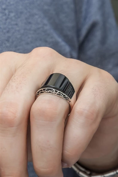 Karpuz Kesim Siyah Taşlı 925 Gümüş Erkek Yüzük - Resim 7