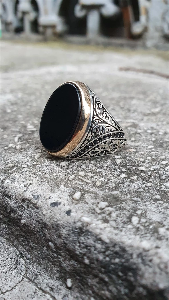 Siyah Oniks Taşlı 925 Gümüş Erkek Yüzük - Resim 10
