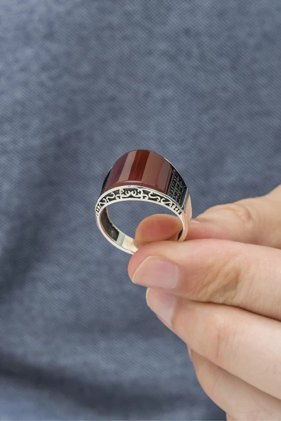 Karpuz Kesim Kırmızı Taşlı 925 Gümüş Erkek Yüzük ürün görseli