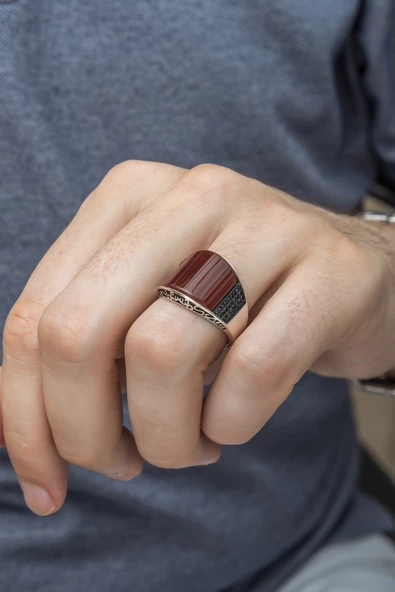 Karpuz Kesim Kırmızı Taşlı 925 Gümüş Erkek Yüzük - Resim 7