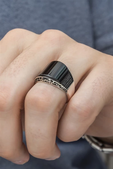 Karpuz Kesim Siyah Taşlı 925 Gümüş Erkek Yüzük - Resim 9