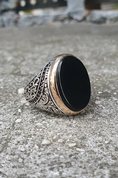 Siyah Oniks Taşlı 925 Gümüş Erkek Yüzük - Resim 4