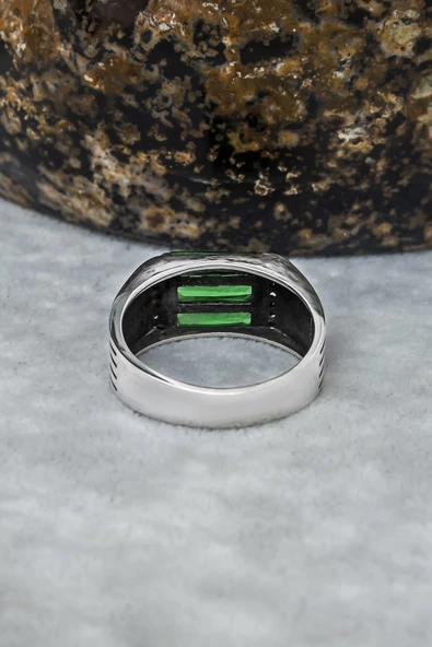 3 Sıra Baget Taşlı Yeşil Taşlı 925 Gümüş Erkek Yüzük - Resim 7