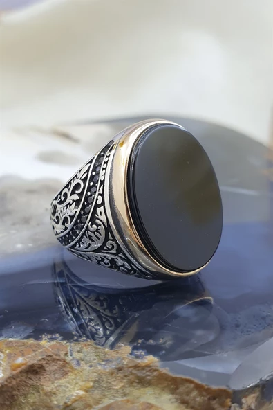 Siyah Oniks Taşlı 925 Gümüş Erkek Yüzük - Resim 8
