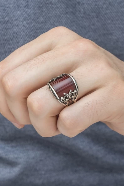 Karpuz Kesim Kırmızı Taşlı 925 Gümüş Erkek Yüzük - Resim 7