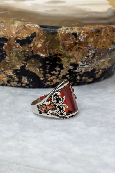 Karpuz Kesim Kırmızı Taşlı 925 Gümüş Erkek Yüzük - Resim 12